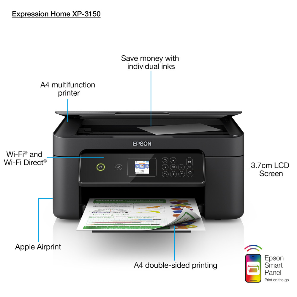 Epson Expression Home XP-3150, Jet d'encre, Impression couleur, 5760 x 1440 DPI, A4, Impression directe, Noir